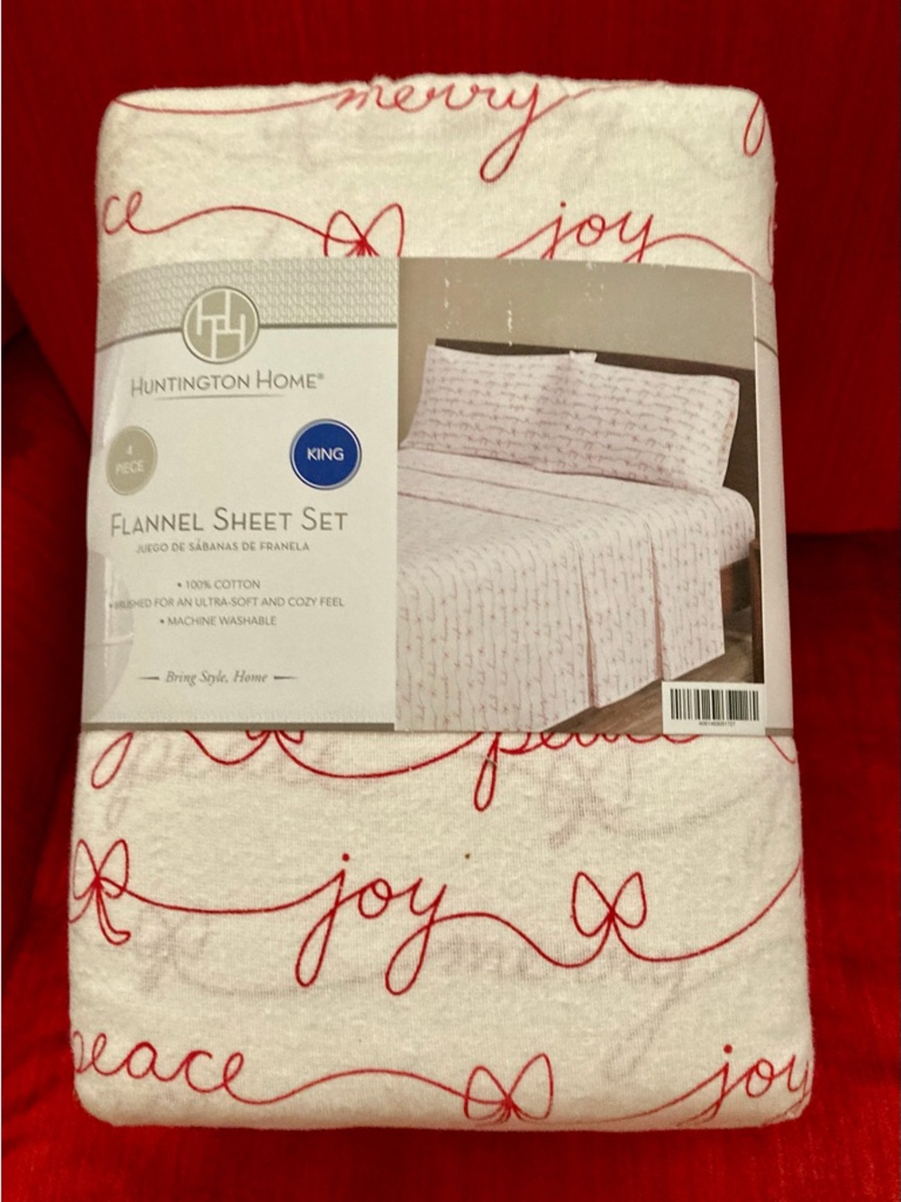 4 piece King Size Christmas White Flannel Sheet Set with Red Script